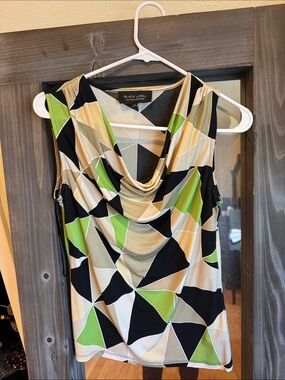 Evan Picone Black Green Cream Geometric Cowl Neck Tank